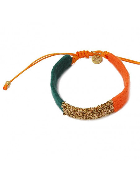 Pulsera lana verde y naranja con malla de acero dorada