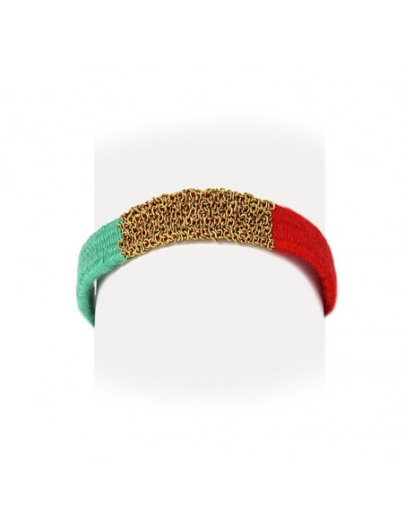 Pulsera lana rojo y turquesa con malla de acero dorada