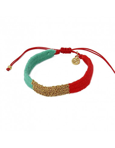 Pulsera lana rojo y turquesa con malla de acero dorada