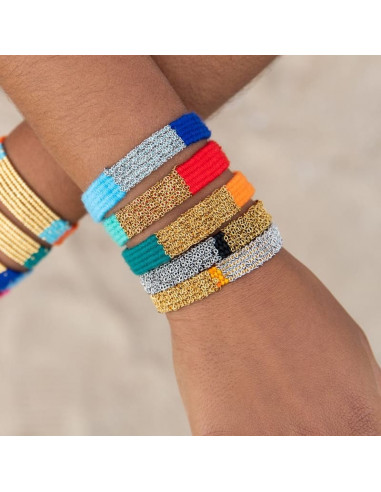 Pulsera lana azul con malla de acero...