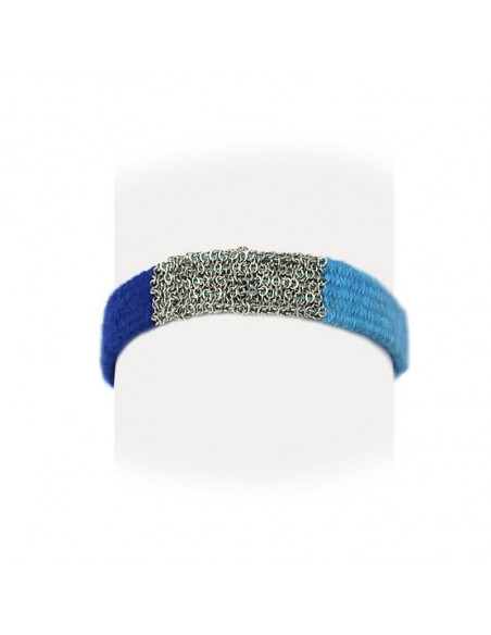 Pulsera lana azul con malla de acero plateada