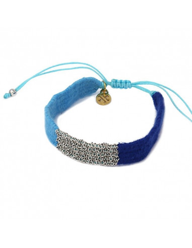 Pulsera lana azul con malla de acero plateada