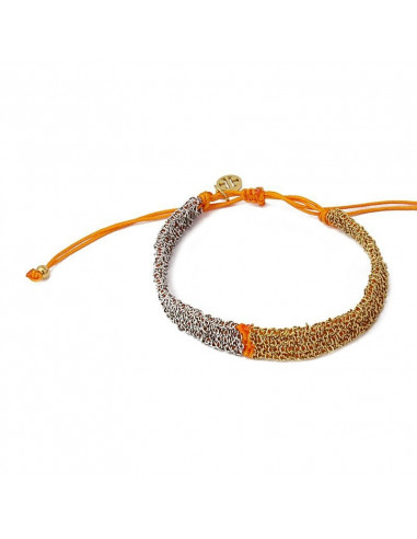Pulsera lana naranja  con malla de acero dorada y plateada