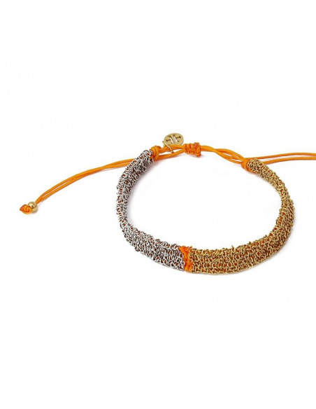 Pulsera lana naranja  con malla de acero dorada y plateada