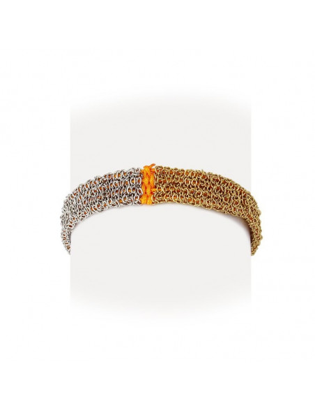 Pulsera lana naranja  con malla de acero dorada y plateada