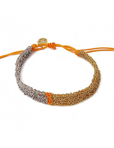 Pulsera lana naranja  con malla de...